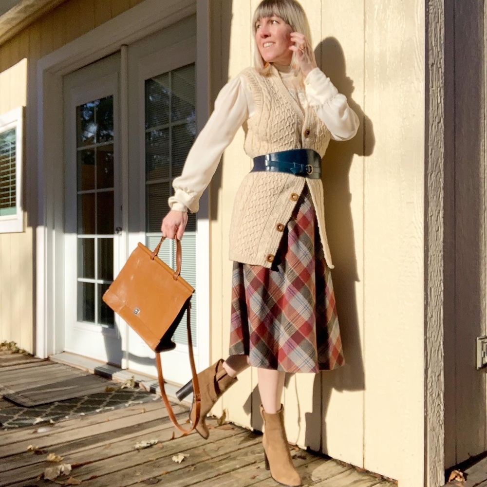 70s Plaid A-Line Midi Skirt Schoolgirl Academia